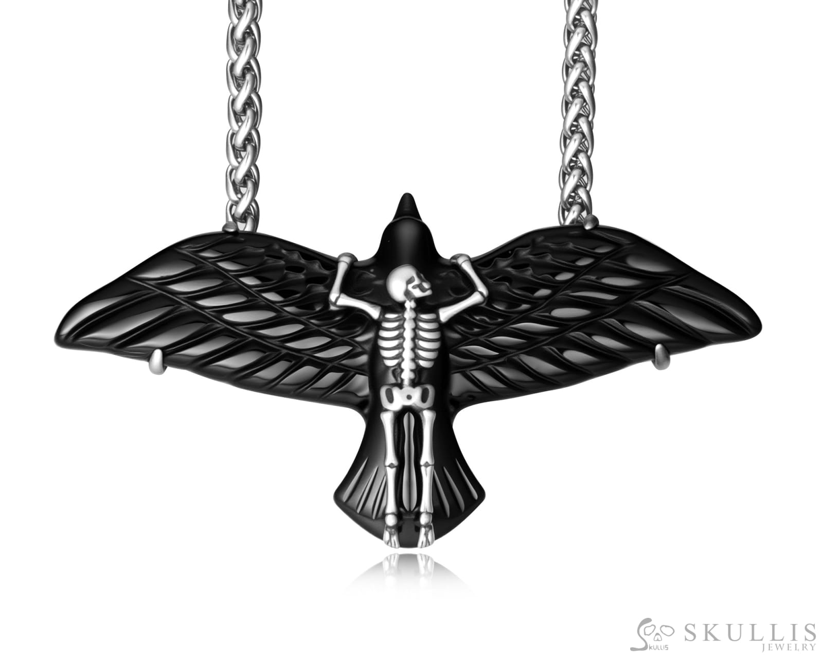 Gem Skull Pendant Necklace of Black Obsidian Carved Eagle & 925 Sterling Silver Skeleton Frame Skull Pendants