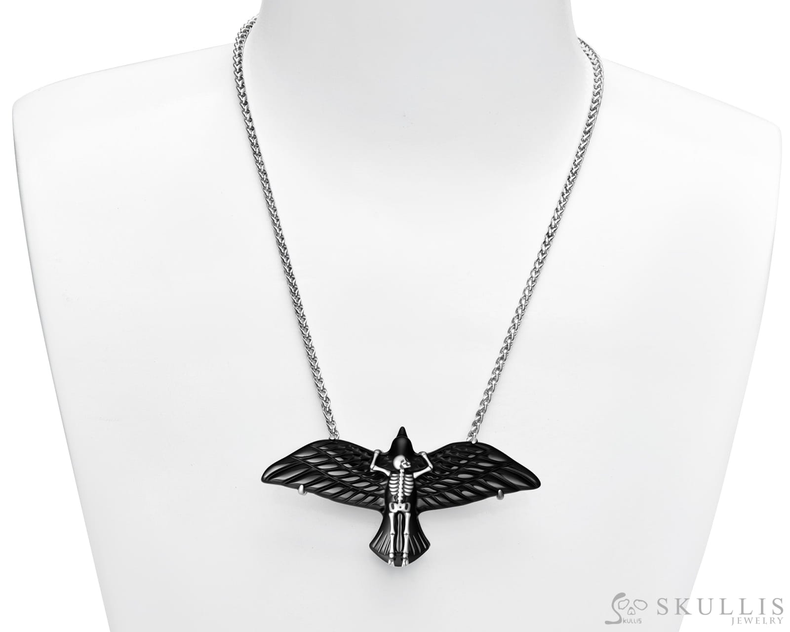 Gem Skull Pendant Necklace of Black Obsidian Carved Eagle & 925 Sterling Silver Skeleton Frame Skull Pendants