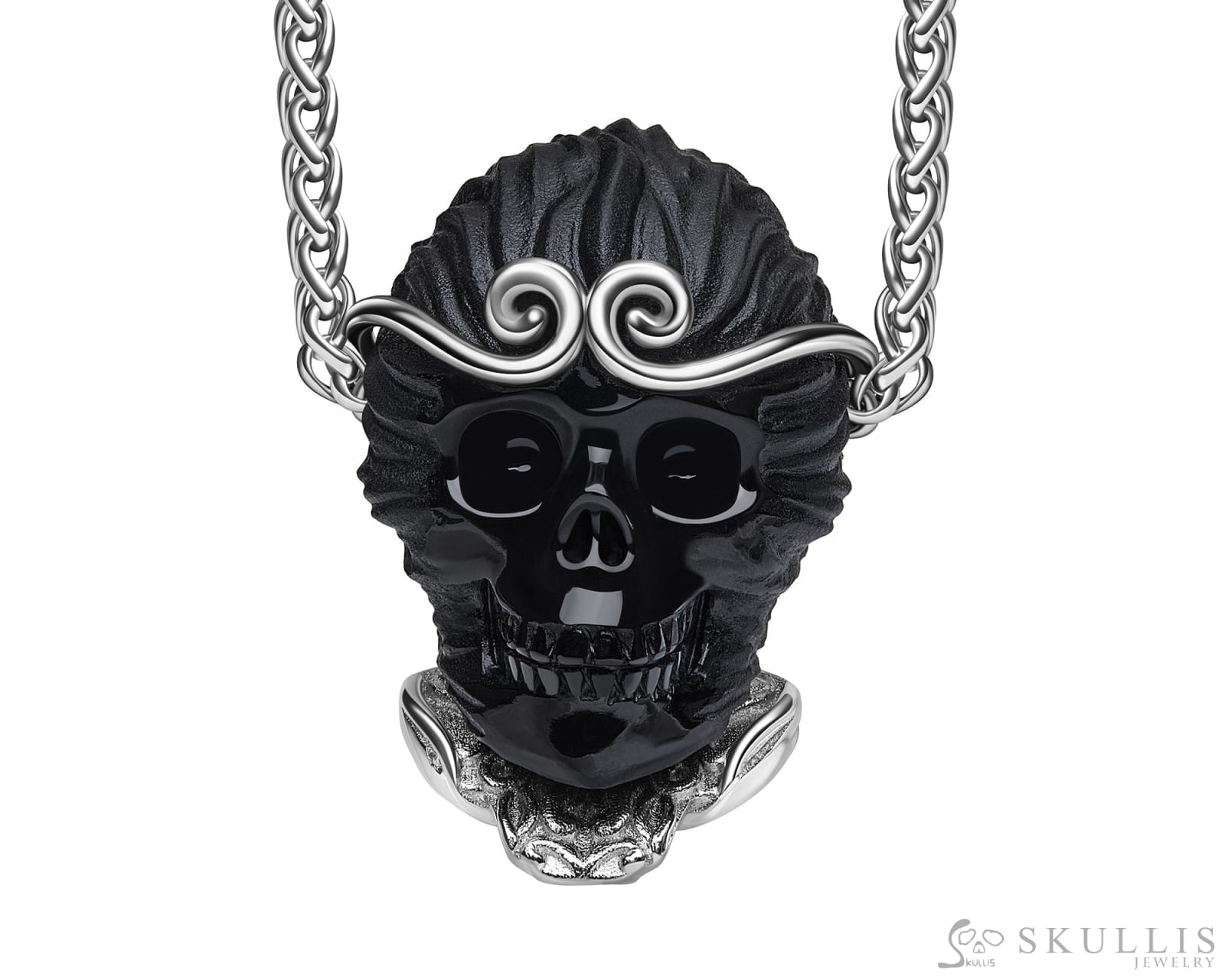 Gem Skull Pendant Necklace of Black Obsidian Carved Monkey King Wukong Skull & 925 Sterling Silver Skull Pendants