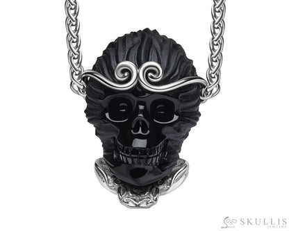Gem Skull Pendant Necklace of Black Obsidian Carved Monkey King Wukong Skull & 925 Sterling Silver Skull Pendants