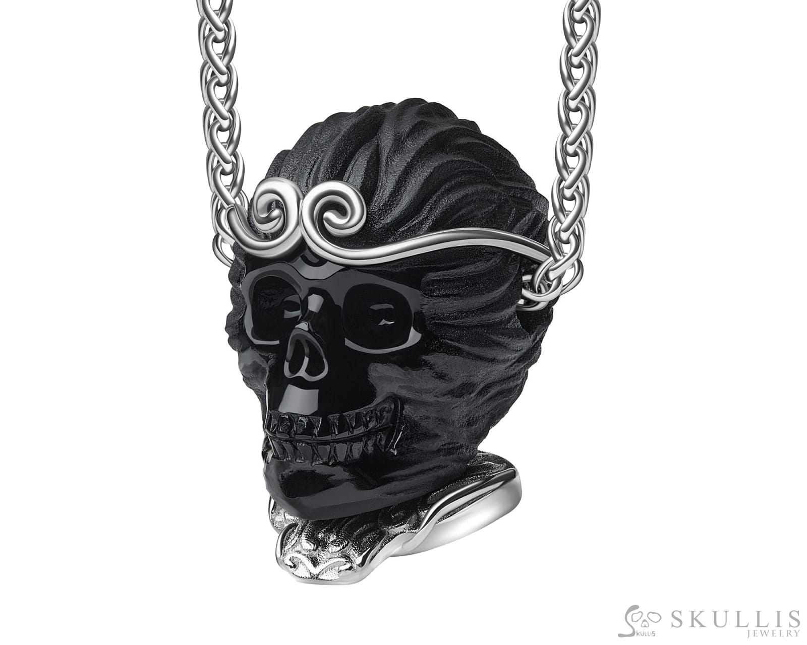 Gem Skull Pendant Necklace of Black Obsidian Carved Monkey King Wukong Skull & 925 Sterling Silver Skull Pendants