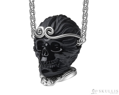 Gem Skull Pendant Necklace of Black Obsidian Carved Monkey King Wukong Skull & 925 Sterling Silver Skull Pendants