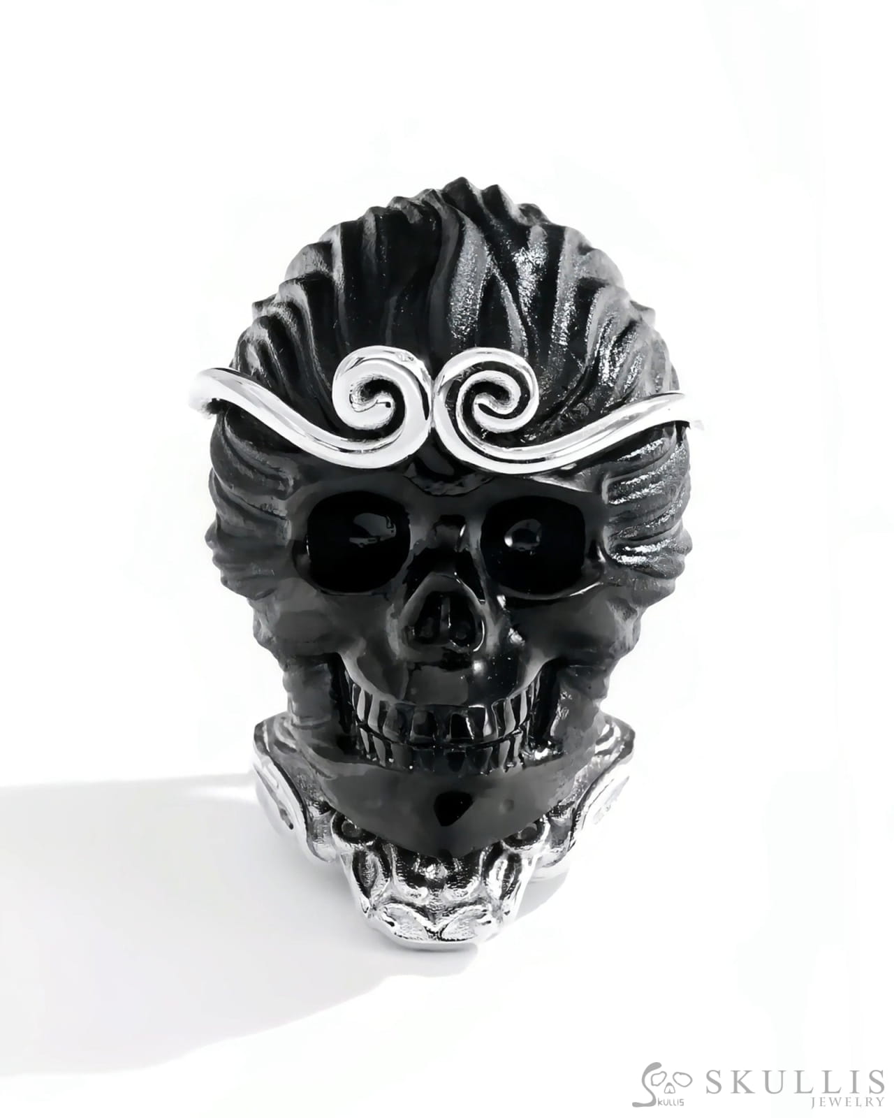 Gem Skull Pendant Necklace of Black Obsidian Carved Skull & 925 Sterling Silver -S0001782 Skull Pendants