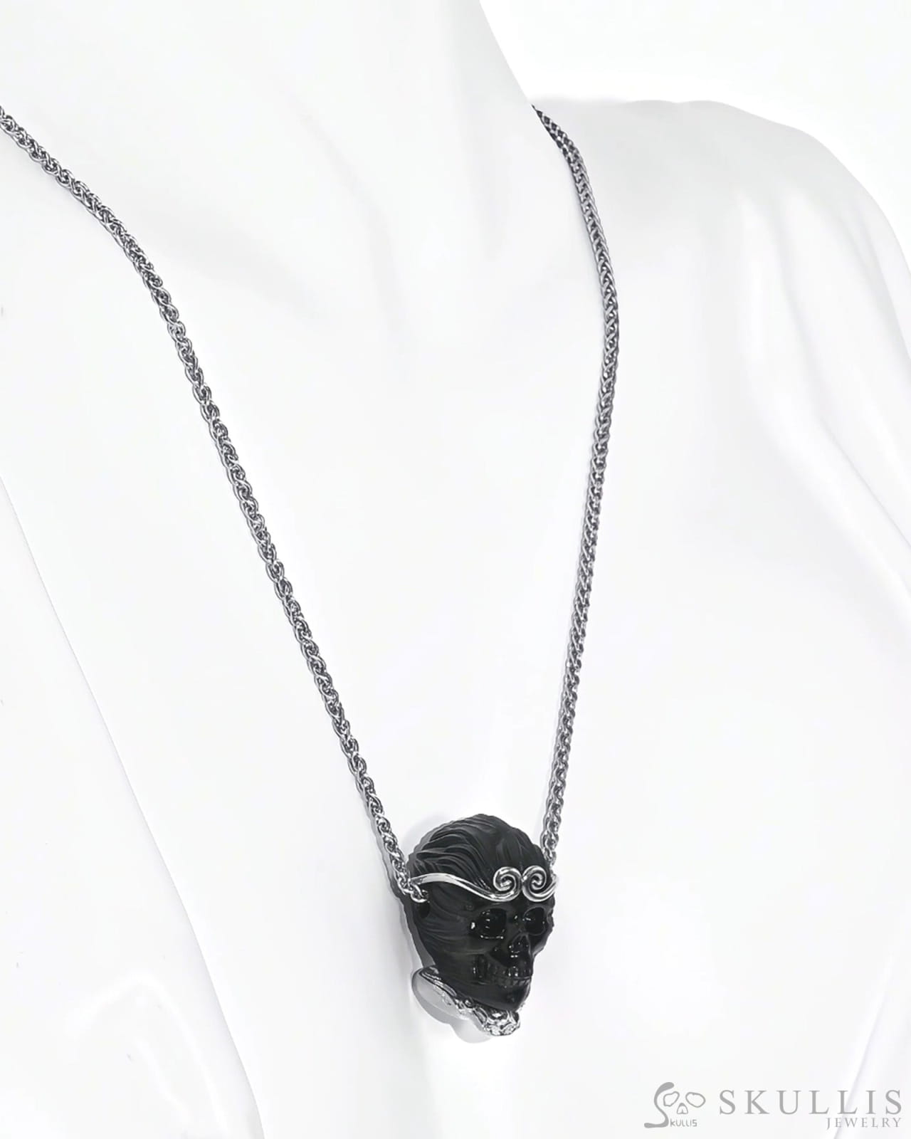 Gem Skull Pendant Necklace of Black Obsidian Carved Skull & 925 Sterling Silver -S0001782 Skull Pendants