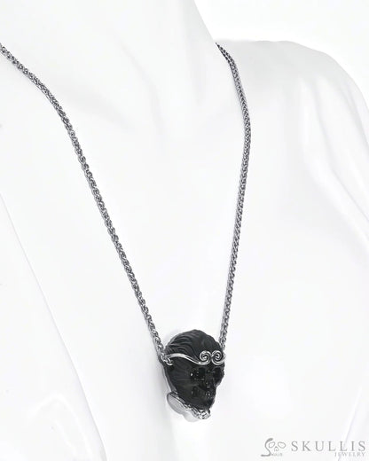 Gem Skull Pendant Necklace of Black Obsidian Carved Skull & 925 Sterling Silver -S0001782 Skull Pendants