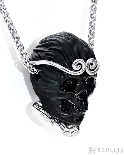 Gem Skull Pendant Necklace of Black Obsidian Carved Skull & 925 Sterling Silver -S0001782 Skull Pendants