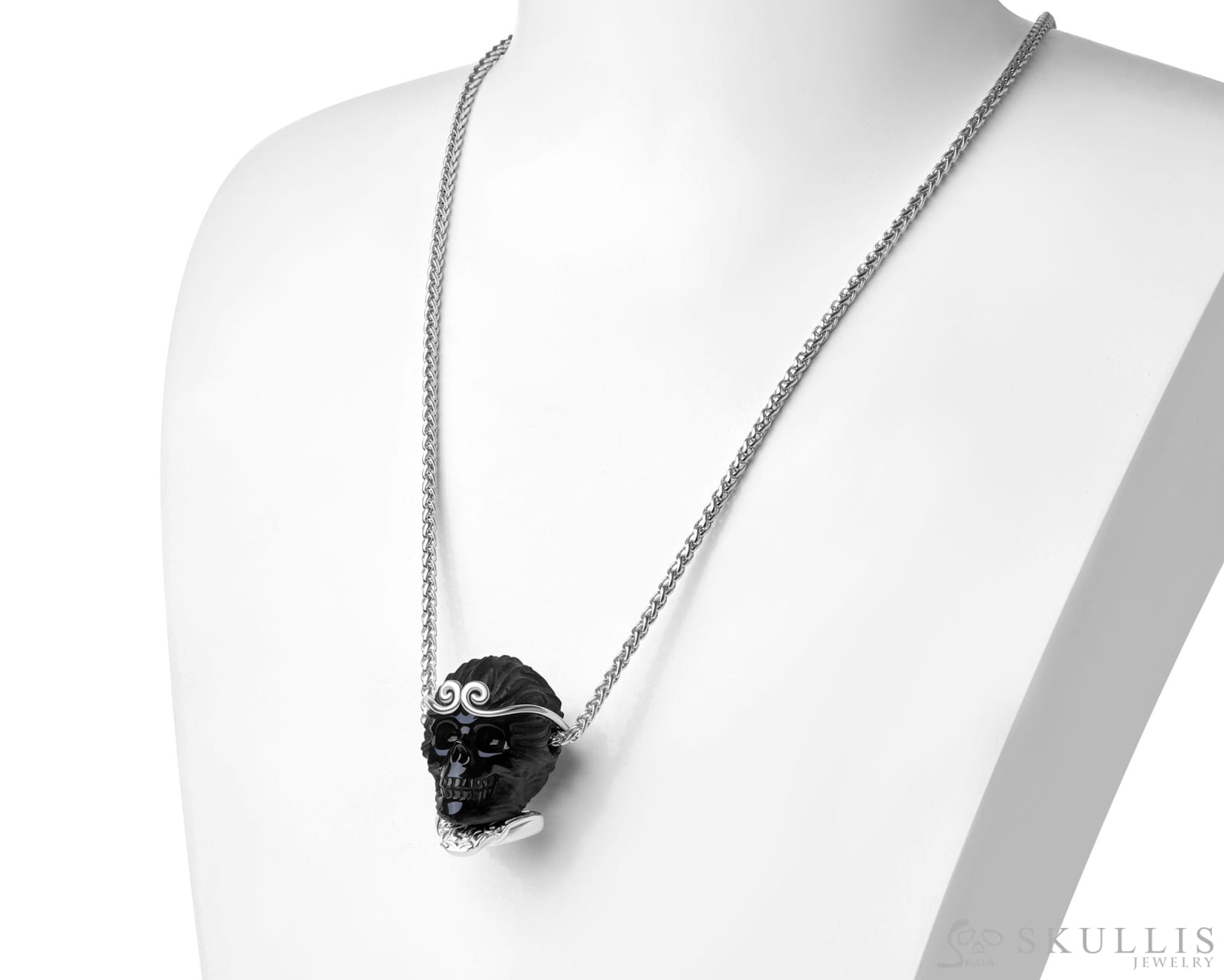 Gem Skull Pendant Necklace of Black Obsidian Carved Monkey King Wukong Skull & 925 Sterling Silver Skull Pendants
