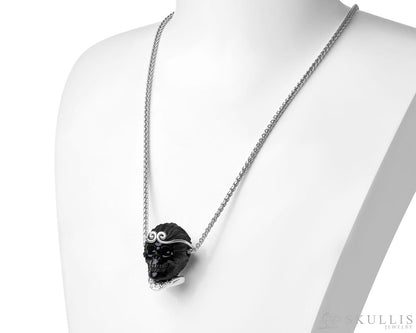 Gem Skull Pendant Necklace of Black Obsidian Carved Monkey King Wukong Skull & 925 Sterling Silver Skull Pendants