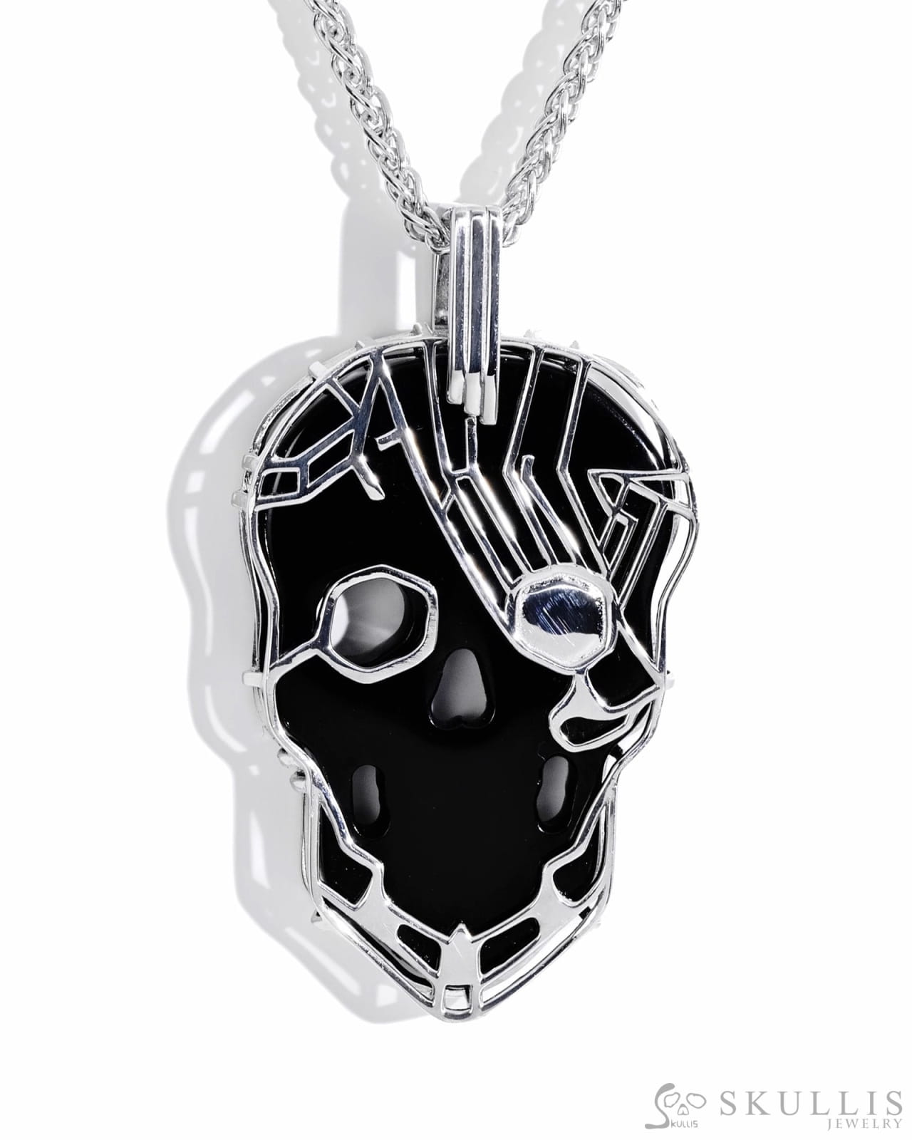 Gem Skull Pendant Necklace of Black Obsidian Carved Skull with 925 Sterling Silver Skull Pendants