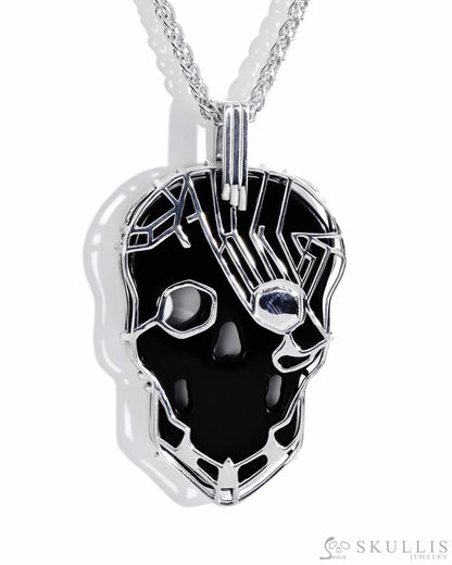 Gem Skull Pendant Necklace of Black Obsidian Carved Skull with 925 Sterling Silver Skull Pendants