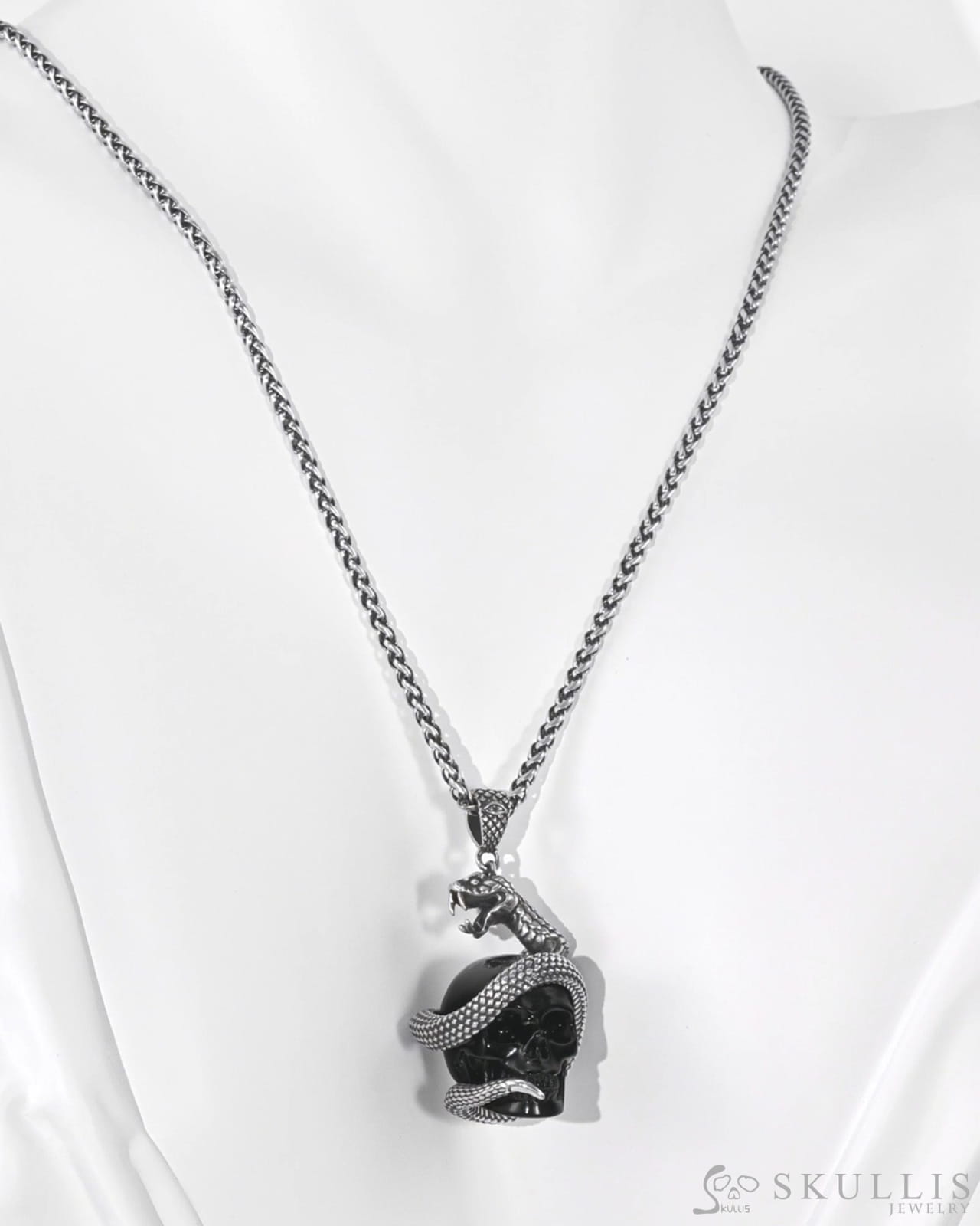 Gem Skull Pendant Necklace of Black Obsidian Carved snake Skull with 925 Sterling Silver Skull Pendants