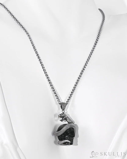 Gem Skull Pendant Necklace of Black Obsidian Carved snake Skull with 925 Sterling Silver Skull Pendants