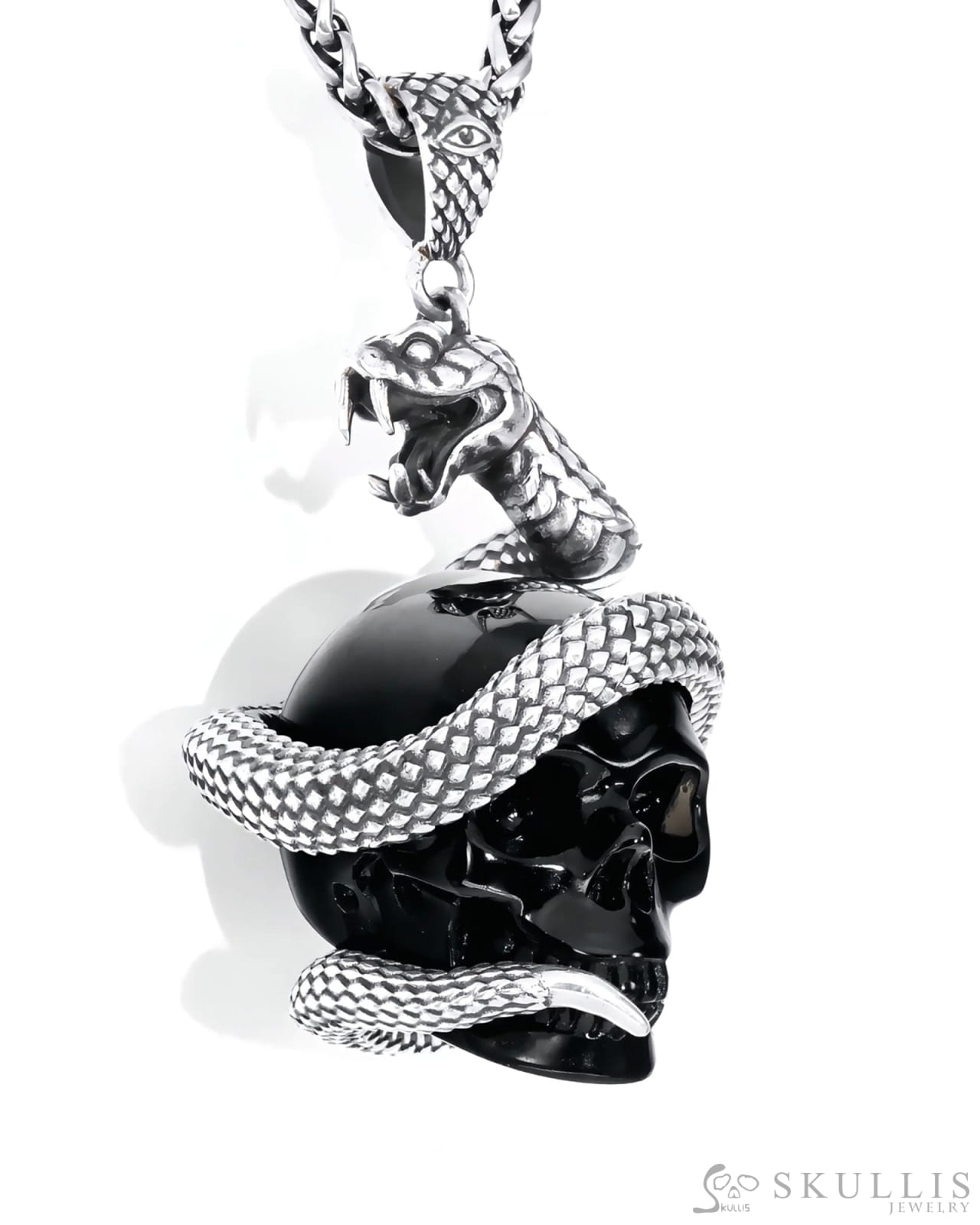 Gem Skull Pendant Necklace of Black Obsidian Carved snake Skull with 925 Sterling Silver Skull Pendants