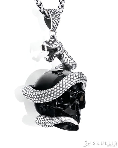 Gem Skull Pendant Necklace of Black Obsidian Carved snake Skull with 925 Sterling Silver Skull Pendants