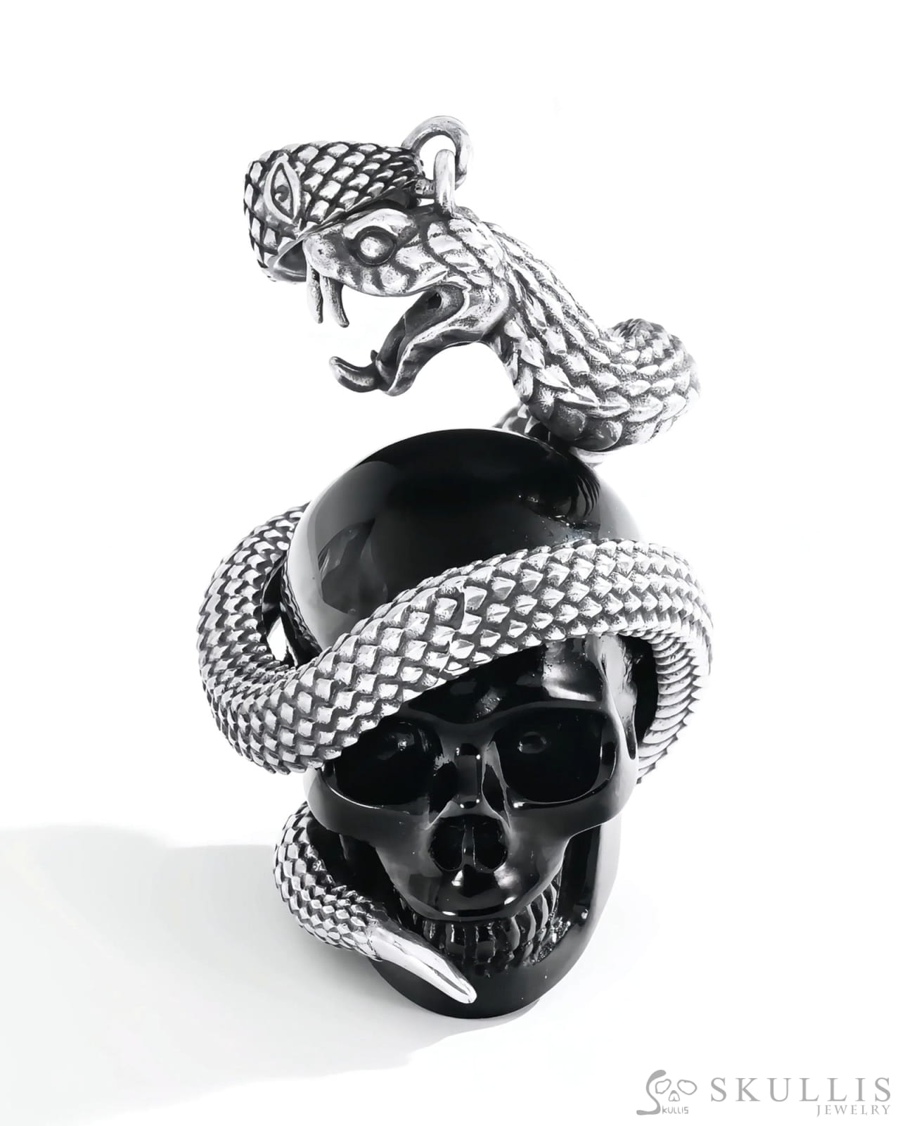 Gem Skull Pendant Necklace of Black Obsidian Carved snake Skull with 925 Sterling Silver Skull Pendants