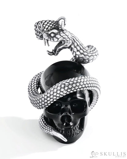 Gem Skull Pendant Necklace of Black Obsidian Carved snake Skull with 925 Sterling Silver Skull Pendants