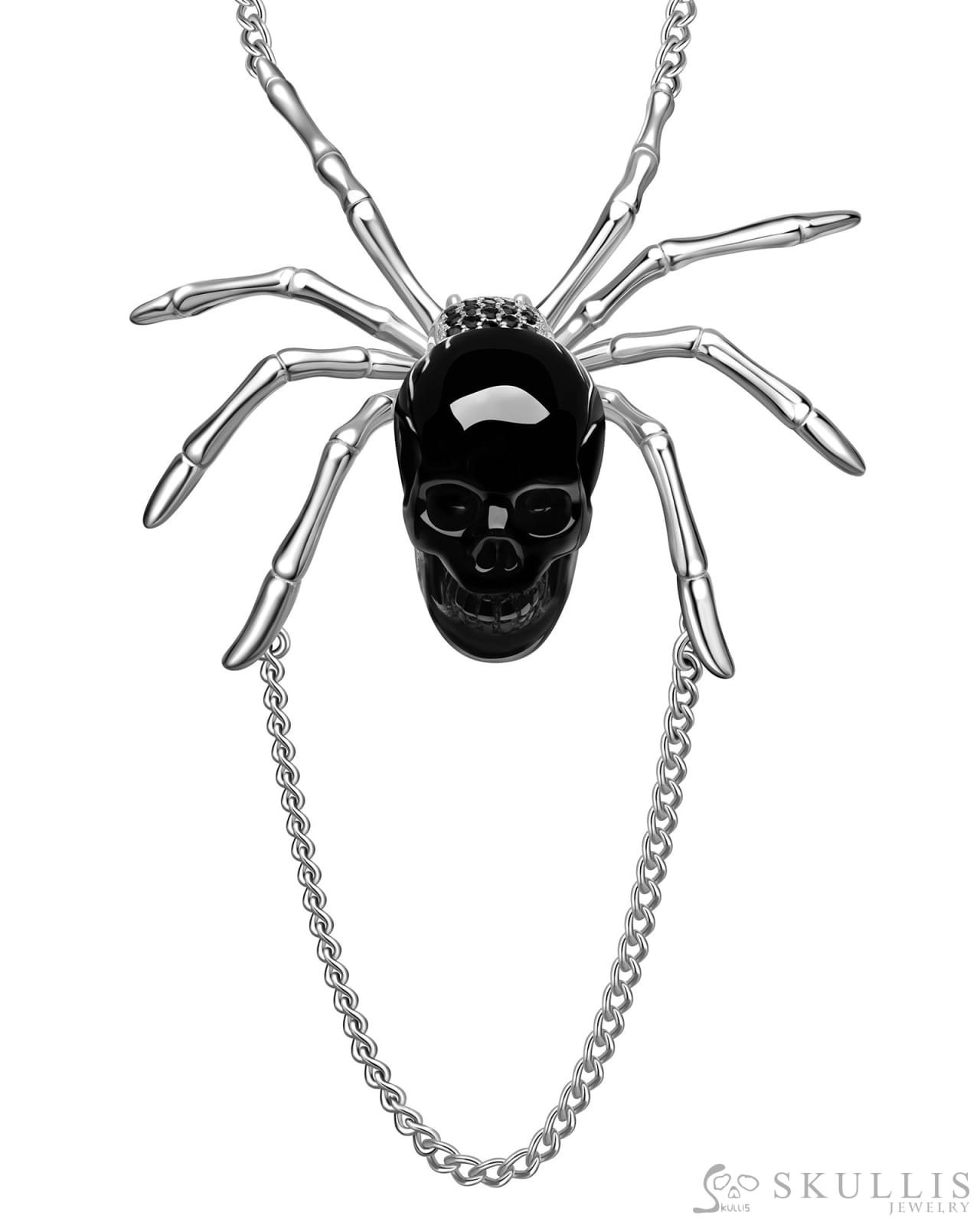 Gem Skull Pendant Necklace of Black Obsidian Carved Skull with 925 Sterling Silver Spider Without chain Skull Pendants