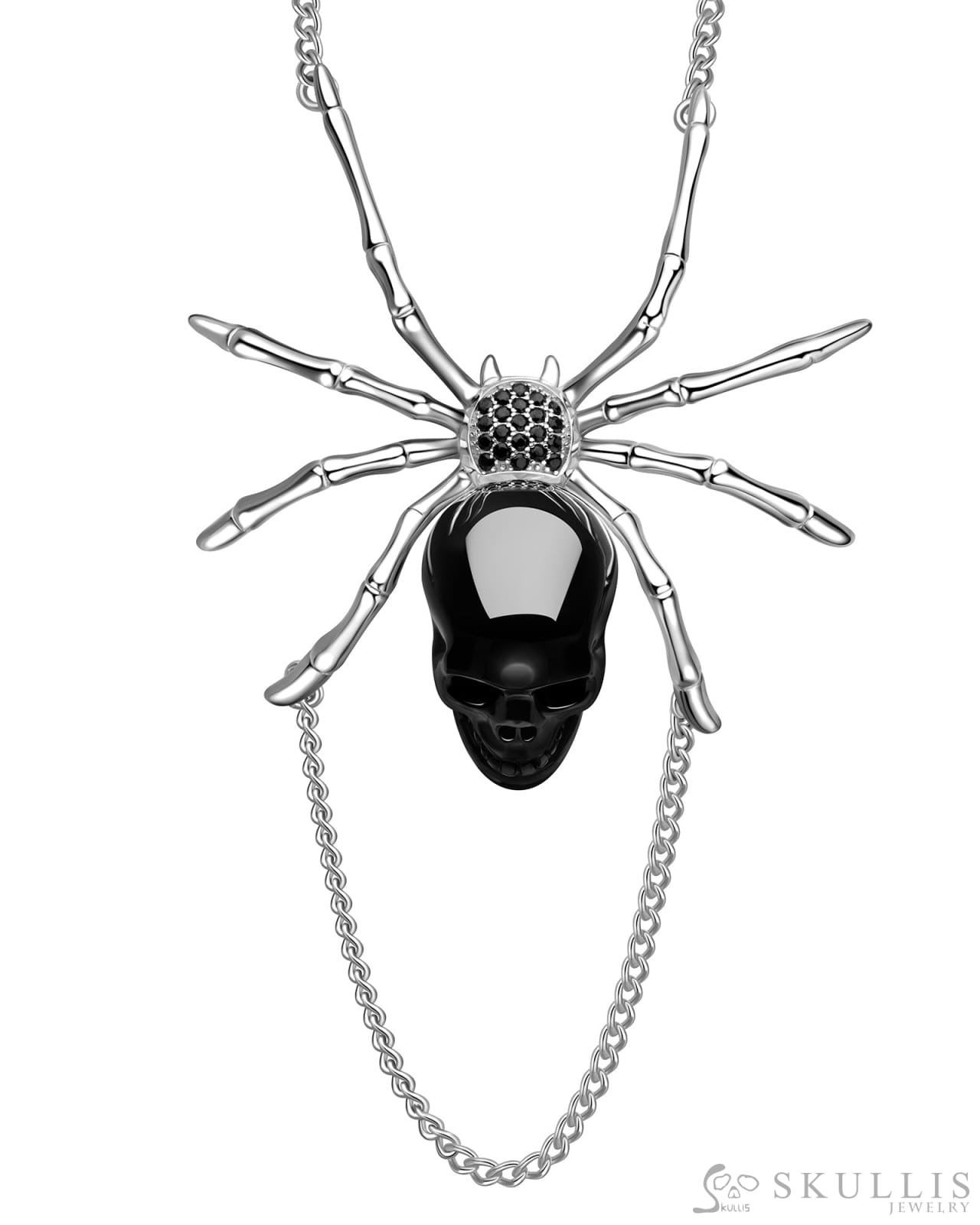 Gem Skull Pendant Necklace of Black Obsidian Carved Skull with 925 Sterling Silver Spider Without chain Skull Pendants