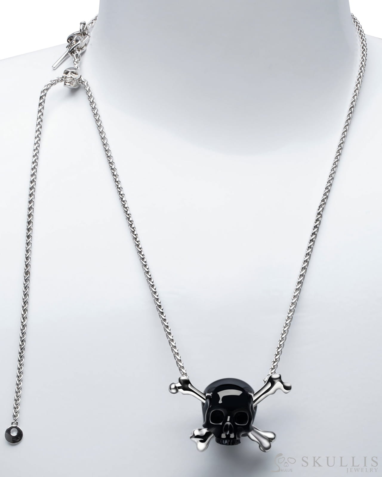 Gem Skull Pendant Necklace Of Black Obsidian Skull Carved With Double Bones In Sterling