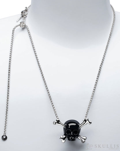 Gem Skull Pendant Necklace of Black Obsidian Skull Carved with Crossbones in Sterling Silver Skull Pendants