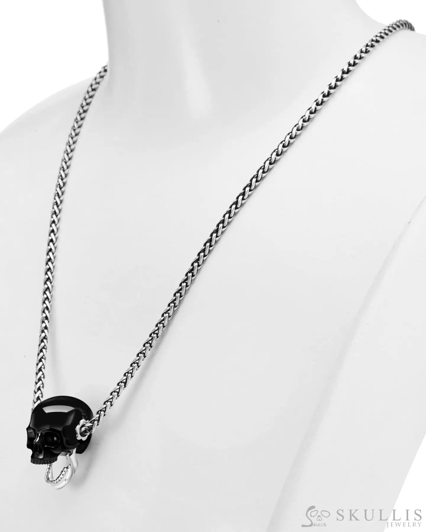 Gem Skull Pendant Necklace Of Black Obsidian Carved Skull With Detachable Silver Jaw In