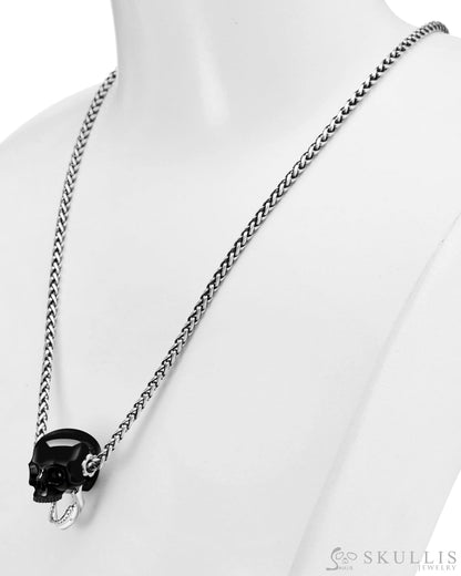 Gem Skull Pendant Necklace Of Black Obsidian Carved Skull With Detachable Silver Jaw In