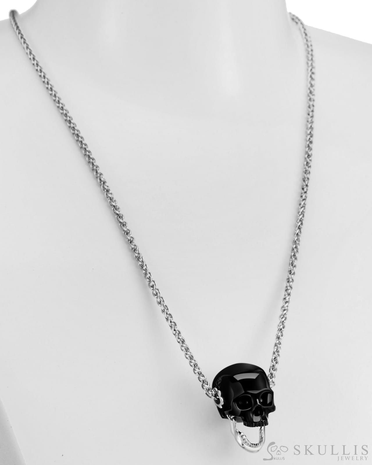 Gem Skull Pendant Necklace Of Black Obsidian Carved Skull With Detachable Silver Jaw In