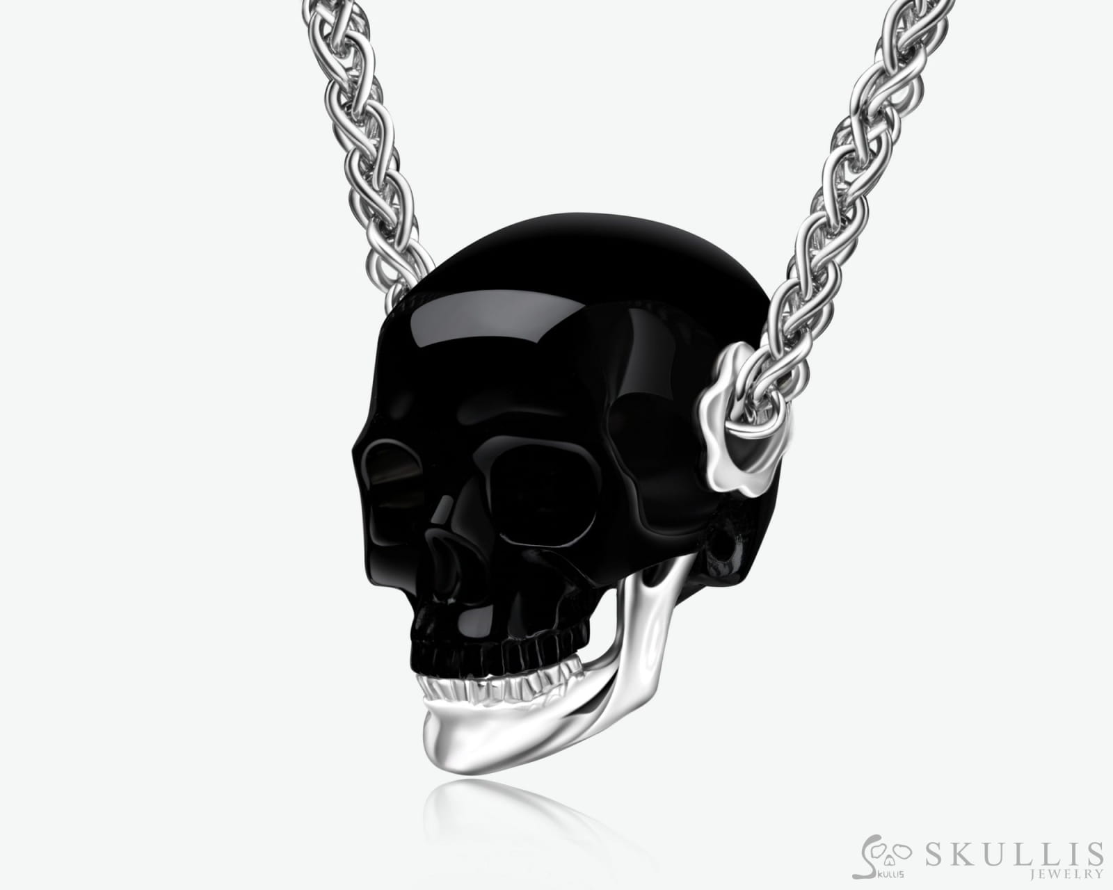 Gem Skull Pendant Necklace Of Black Obsidian Carved Skull With Detachable Silver Jaw In