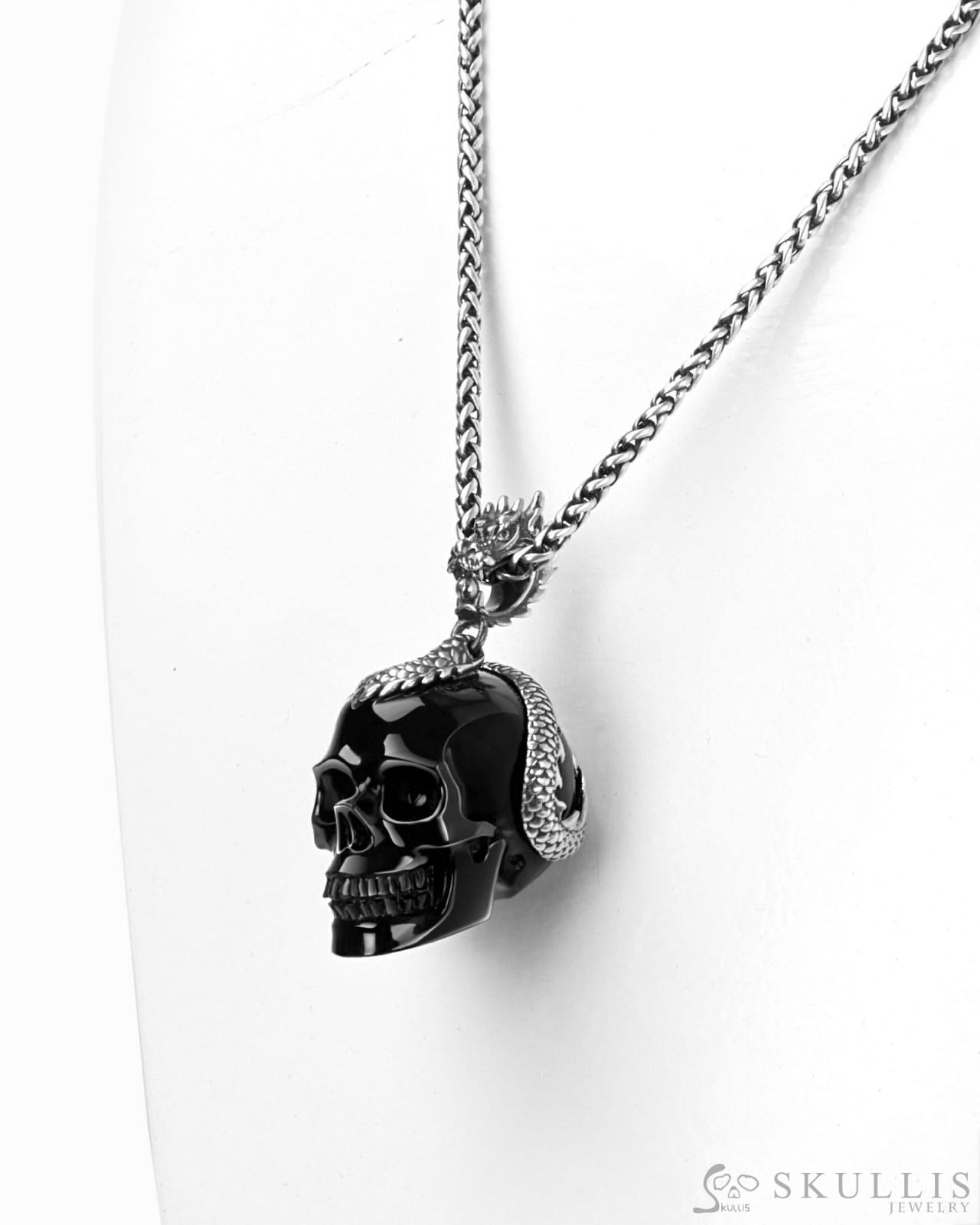 Skullis Signature Black Obsidian Skull Pendant Or Necklace Hand Carved Sterling Silver 925 Chain