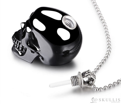 Gem Skull Pendant Necklace Of Black Obsidian Carved Skull With Perfume Bottle Bail