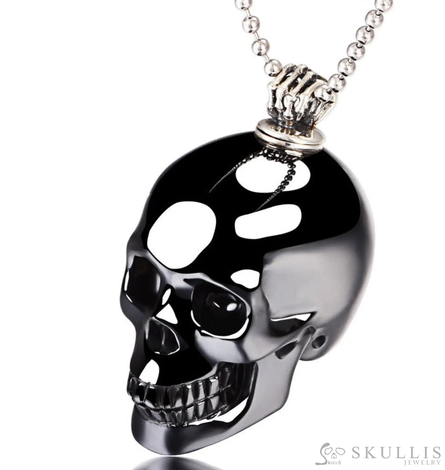 Gem Skull Pendant Necklace Of Black Obsidian Carved Skull With Perfume Bottle Bail