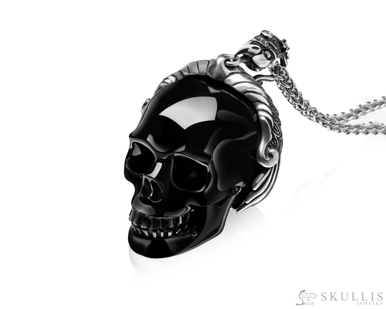 Skullis Signature Black Obsidian Skull Pendant Or Necklace Hand Carved Sterling Silver 925 Chain