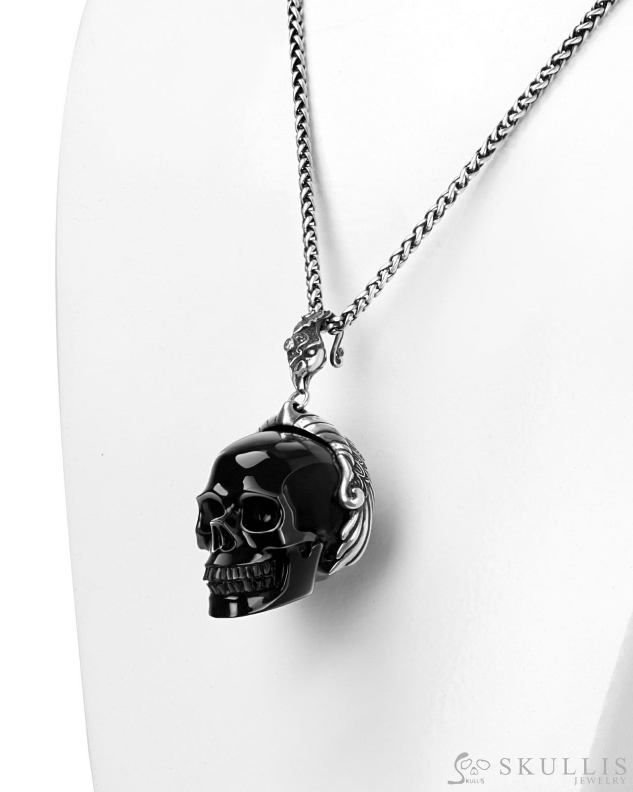 Skullis Signature Black Obsidian Skull Pendant Or Necklace Hand Carved Sterling Silver 925 Chain