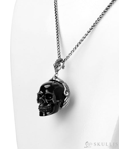 Skullis Signature Black Obsidian Skull Pendant Or Necklace Hand Carved Sterling Silver 925 Chain