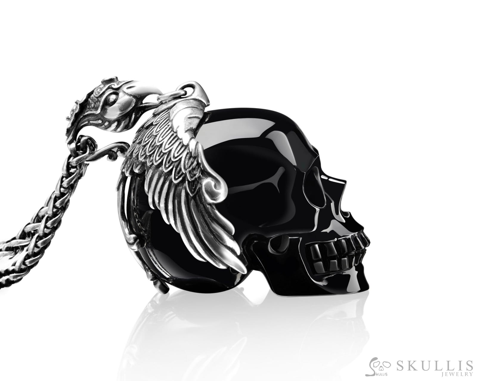 Skullis Signature Black Obsidian Skull Pendant Or Necklace Hand Carved Sterling Silver 925 Chain