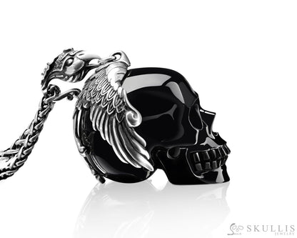 Skullis Signature Black Obsidian Skull Pendant Or Necklace Hand Carved Sterling Silver 925 Chain
