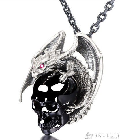 Gem Skull Pendant Necklace Of Black Obsidian Carved Skull With Ruby - Eye Dragon In