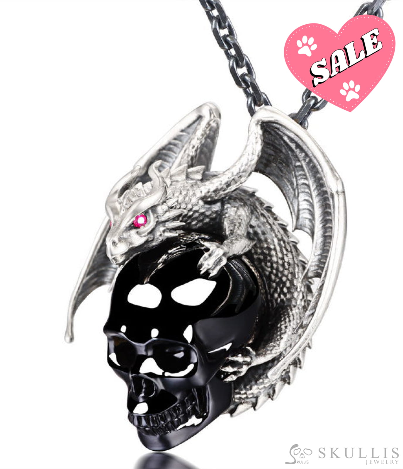 Gem Skull Pendant Necklace Of Black Obsidian Carved Skull With Ruby - Eye Dragon In