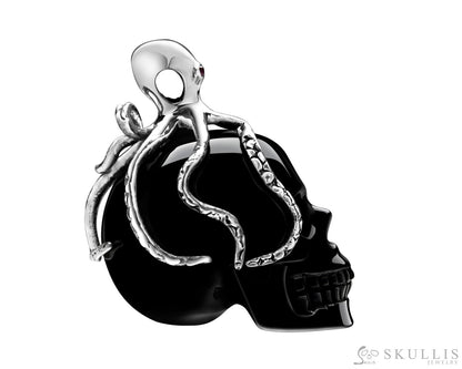 Gem Skull Pendant Necklace Of Black Obsidian Carved Skull With Ruby Eyes Octopus In