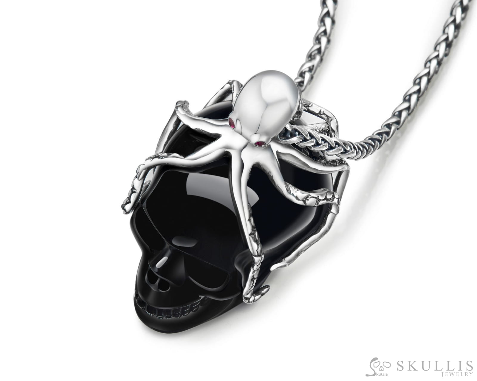 Gem Skull Pendant Necklace Of Black Obsidian Carved Skull With Ruby Eyes Octopus In