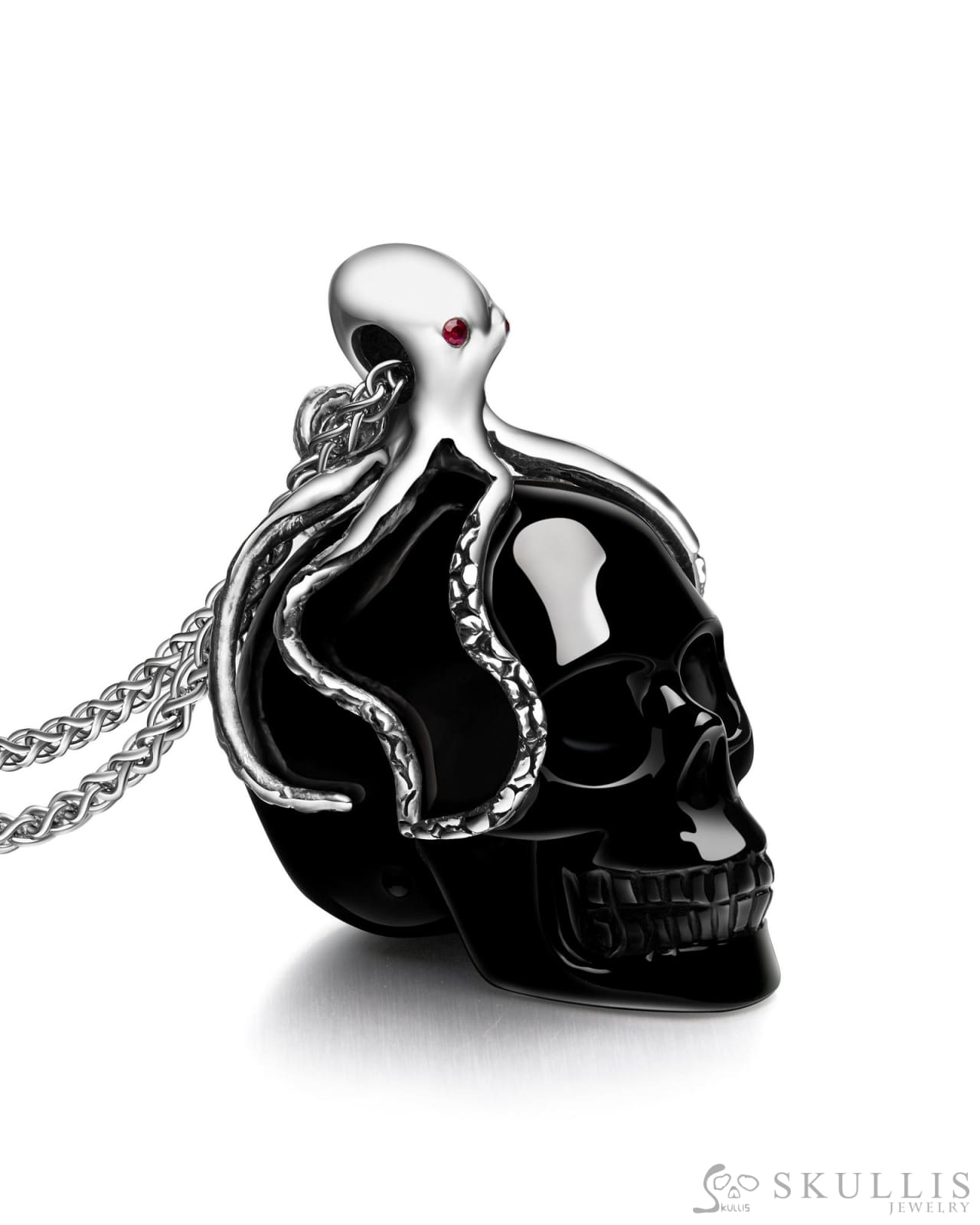 Gem Skull Pendant Necklace Of Black Obsidian Carved Skull With Ruby Eyes Octopus In