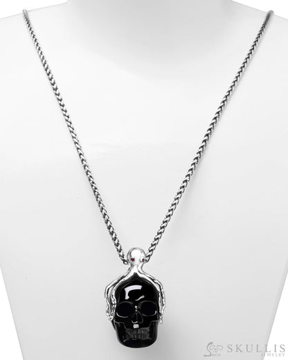 Gem Skull Pendant Necklace Of Black Obsidian Carved Skull With Ruby Eyes Octopus In