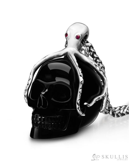 Gem Skull Pendant Necklace Of Black Obsidian Carved Skull With Ruby Eyes Octopus In