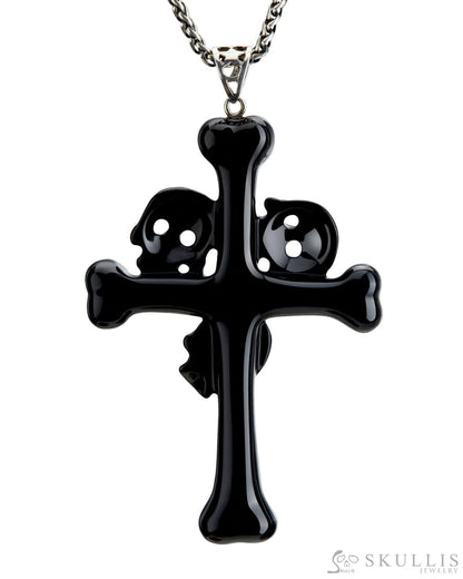 Gem Skull Pendant Necklace Of Black Obsidian Carved Skull With Trio And Bones Cross Skull Pendants