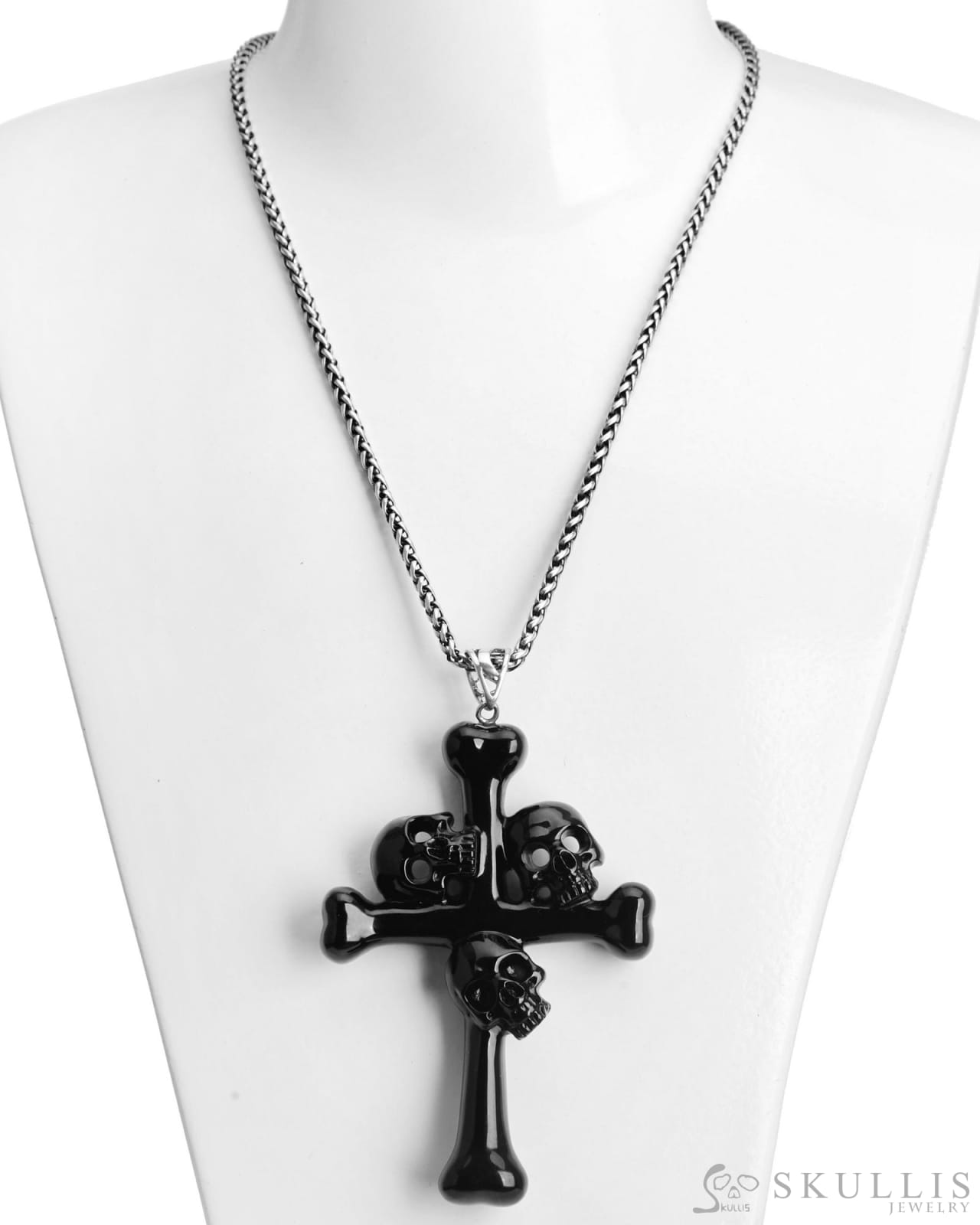 Gem Skull Pendant Necklace Of Black Obsidian Carved Skull With Trio And Bones Cross Skull Pendants