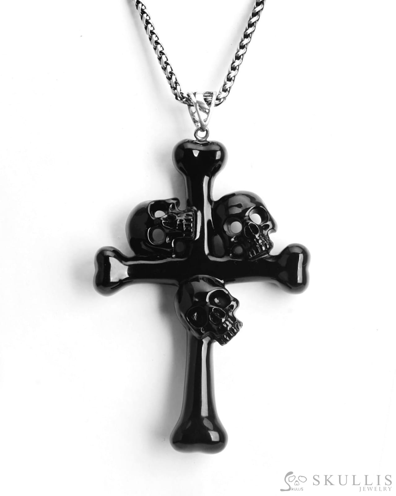 Gem Skull Pendant Necklace Of Black Obsidian Carved Skull With Trio And Bones Cross Pendant