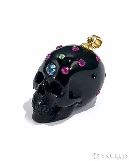 Gem Skull Pendant Necklace Of Black Obsidian Crystal Carved Skull With Detachable Silver