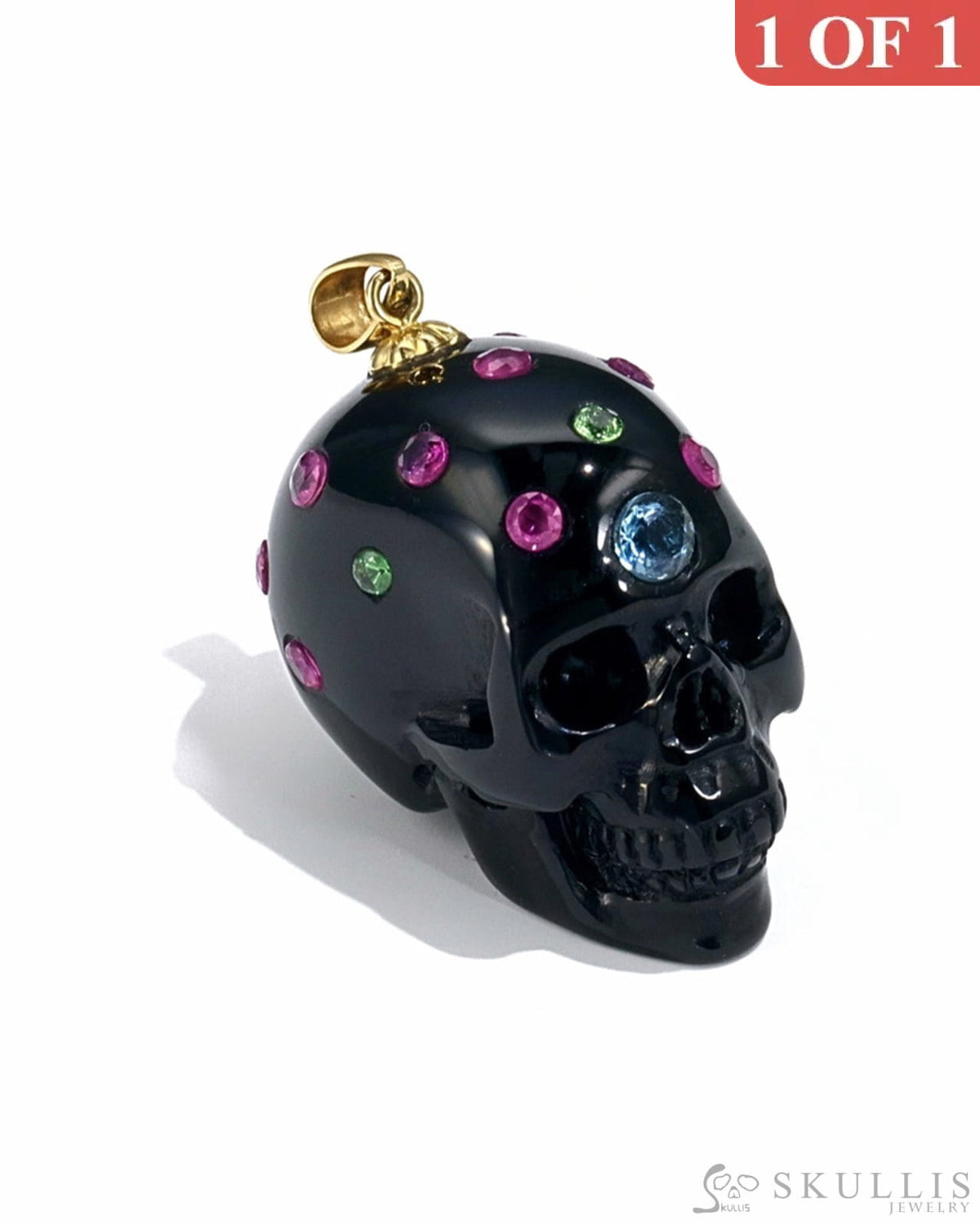 Gem Skull Pendant Necklace Of Black Obsidian Crystal Carved Skull With Detachable Silver