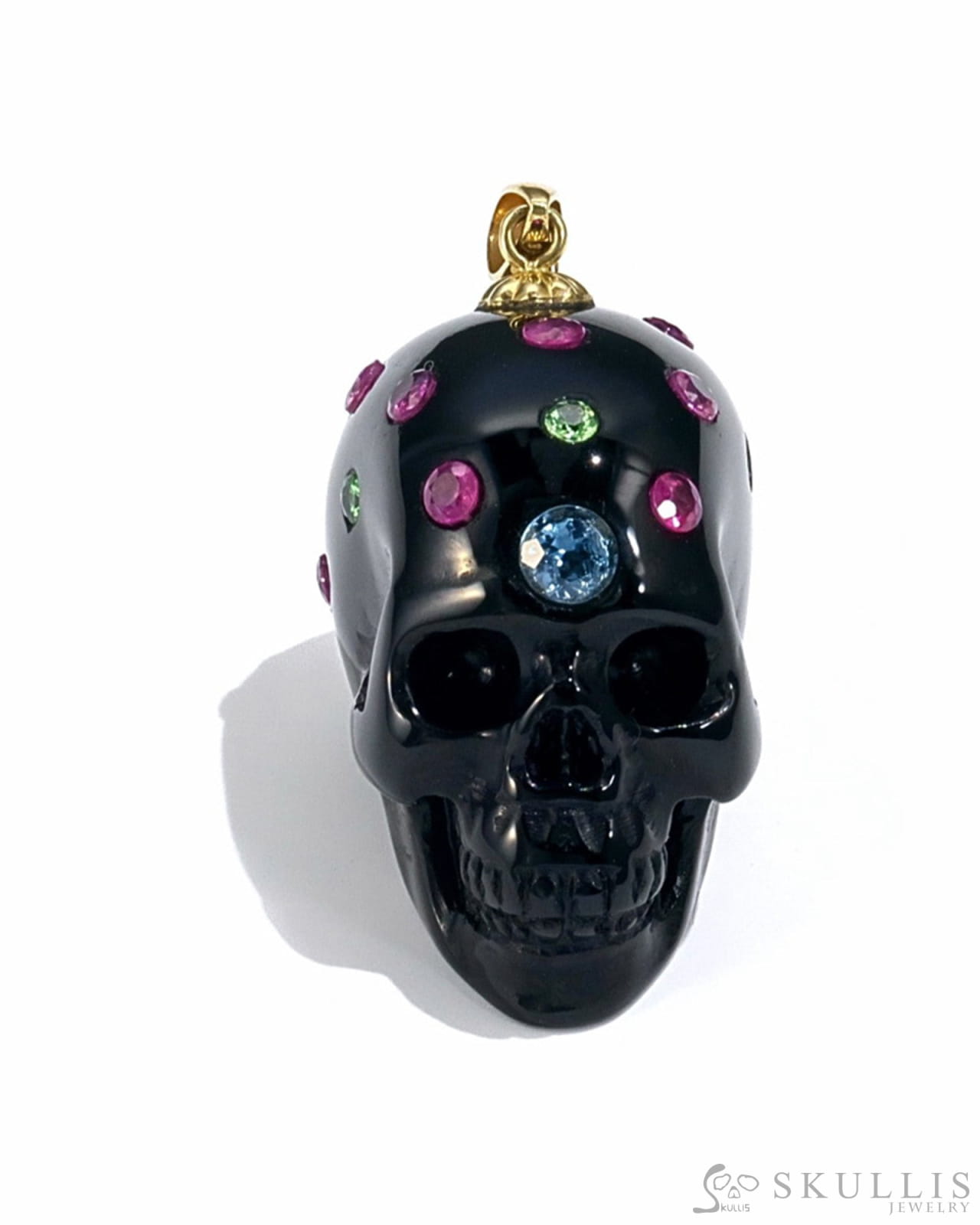 Gem Skull Pendant Necklace Of Black Obsidian Crystal Carved Skull With Detachable Silver