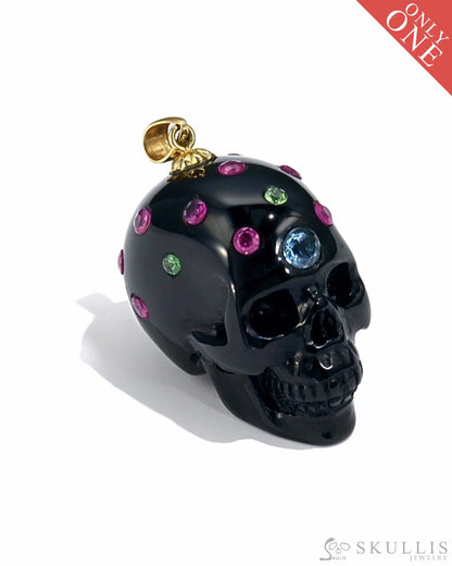 Gem Skull Pendant Necklace Of Black Obsidian Crystal Carved Skull With Detachable Silver